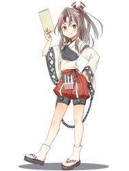 Rule 34 | 1girl, annin musou, bad id, bad twitter id, brown eyes, commentary request, envelope, full body, hachimaki, hand on own hip, headband, high ponytail, highres, japanese clothes, kantai collection, light brown hair, long hair, looking at viewer, muneate, ponytail, red shorts, sandals, shorts, simple background, smile, socks, solo, tabi, walking, white background, white socks, wide sleeves, zuihou (kancolle)