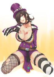 Rule 34 | 1girl, asymmetrical legwear, bad id, bad pixiv id, belt, black bra, black gloves, black hair, blue eyes, blush, borderlands (series), borderlands 2, bra, breasts, choker, cleavage, collarbone, fingerless gloves, fishnet thighhighs, fishnets, full body, gloves, hair over one eye, hat, head tilt, heart, heart tattoo, highres, kneeling, large breasts, lipstick, loincloth, long sleeves, looking at viewer, mad moxxi, makeup, mismatched legwear, mole, mole under eye, parted lips, pelvic curtain, red lips, seductive smile, smile, solo, spread legs, stormcow, striped clothes, striped thighhighs, tattoo, thighhighs, top hat, torn clothes, torn thighhighs, underwear
