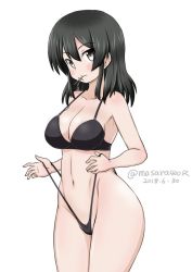 Rule 34 | 1girl, black bra, black hair, black panties, bra, cowboy shot, dated, grey eyes, hair ornament, hairclip, highleg, highleg panties, kantai collection, looking at viewer, masara (chuujou), mouth hold, navel, one-hour drawing challenge, oyashio (kancolle), panties, pulled by self, simple background, solo, twitter username, underwear, underwear only, white background