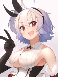 Rule 34 | 1girl, azur lane, bare shoulders, black gloves, breasts, elbow gloves, fang, frills, gloves, highres, kent (azur lane), light purple hair, medium breasts, open mouth, red eyes, short hair, simple background, skin fang, solo, underboob, v, white background, yohia