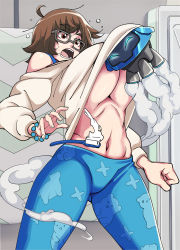 Rule 34 | 1girl, alternate costume, bare shoulders, bathroom, black-framed eyewear, bra strap, bracelet, breasts, brown hair, clothes lift, glasses, highres, jewelry, large breasts, mei (overwatch), midriff, navel, nisego, official alternate costume, open mouth, overwatch, overwatch 1, pajamas, pants, print pants, shirt lift, short hair, smile, smoke, snowball (overwatch), stomach, surprised, thick eyebrows, toothbrush, underboob