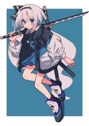 Rule 34 | 1girl, baggy clothes, black hairband, black neckwear, black ribbon, blue background, blue eyes, closed mouth, commentary, contemporary, full body, green skirt, green vest, hair ribbon, hairband, highres, hitodama, holding, holding sword, holding weapon, jacket, katana, konpaku youmu, konpaku youmu (ghost), long sleeves, looking at viewer, multicolored jacket, puffy long sleeves, puffy sleeves, ribbon, shoes, short hair, skirt, smile, sneakers, solo, sword, touhou, tsumaseu, two-tone jacket, vest, weapon, white hair