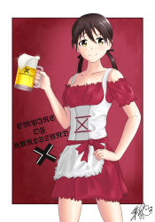 Rule 34 | 1girl, absurdres, alcohol, apron, beer, beer mug, breasts, brown hair, cleavage, collarbone, cross, cup, dress, drindl, frills, gertrud barkhorn, hand on own hip, highres, iron cross, long dress, looking at viewer, mug, red background, red dress, satukiookami, smile, strike witches, twintails, world witches series, yellow eyes