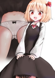 Rule 34 | 1boy, 1girl, :d, black dress, blonde hair, blush, bow, bow panties, collared shirt, dress, gluteal fold, hair ribbon, highres, kabi killer, long sleeves, looking at another, looking down, multiple views, open mouth, panties, red eyes, red neckwear, red ribbon, ribbon, rumia, shirt, short hair, simple background, smile, touhou, under skirt, underwear, v-shaped eyebrows, white background, white panties, white shirt