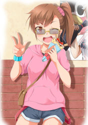 Rule 34 | 1girl, ;d, bracelet, brick, brown eyes, brown hair, crepe, eating, food, food on face, fruit, fuku d, futami mami, glasses, hood, hoodie, idolmaster, idolmaster (classic), jewelry, looking at viewer, one eye closed, open mouth, scrunchie, shorts, side ponytail, smile, solo, strawberry, sunglasses, v