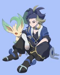 Rule 34 | 1boy, absurdres, adaman (pokemon), arm wrap, black footwear, black shirt, blue background, blue coat, blue hair, brown eyes, closed mouth, coat, collar, commentary request, creatures (company), earrings, eyebrow cut, footwear ribbon, game freak, gen 4 pokemon, green hair, highres, jewelry, leafeon, male focus, neck ring, nintendo, odd (hin yari), one eye closed, open clothes, open coat, pants, pokemon, pokemon (creature), pokemon legends: arceus, shirt, shoes, simple background, sitting, smile, split mouth