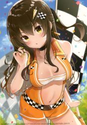 Rule 34 | 1girl, absurdres, bandeau, bare arms, bare shoulders, belt, black choker, black hair, blurry, breasts, checkered flag, choker, collarbone, confetti, cowboy shot, day, depth of field, flag, green nails, gyozanuko, hair ornament, hand up, highres, long hair, looking at viewer, medium breasts, nail polish, navel, one side up, open clothes, orange shorts, original, outdoors, parted lips, race queen, revealing clothes, scan, short shorts, shorts, sleeveless, solo, stomach, umbrella, wing collar, yellow eyes