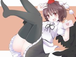 Rule 34 | 1girl, bird wings, black thighhighs, blouse, blush, brown hair, hand to head, hat, legs up, letter, looking at viewer, love letter, no panties, no shoes, pom pom (clothes), puffy short sleeves, puffy sleeves, reclining, red eyes, ribbon, shameimaru aya, shirt, short hair, short sleeves, simple background, skirt, solo, takamokkori, tan background, thighhighs, tokin hat, touhou, v, wings