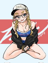 Rule 34 | 1girl, bare legs, bare shoulders, barefoot, baseball cap, blonde hair, blue eyes, braid, breasts, cleavage, crop top, dekomegane, full body, hat, highres, indian style, jacket, long hair, looking at viewer, navel, off shoulder, open clothes, open jacket, original, sasetsu, short shorts, shorts, sitting, small breasts, smile, solo, thick eyebrows, tongue, tongue out, twin braids