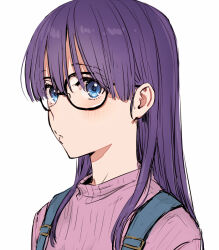 Rule 34 | 1girl, blue eyes, blush, dr. slump, glasses, looking at viewer, napata, norimaki arale, overalls, parted lips, pink sweater, purple hair, ribbed sweater, sideways glance, simple background, solo, sweater, turtleneck, turtleneck sweater, white background