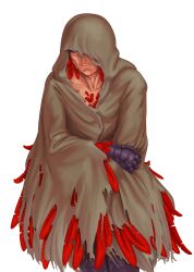 Rule 34 | 1girl, agnimitra, anonarts, blue eyes, claws, cloak, corruption of champions 2, feathers, fewer digits, harpy, hood, hood up, looking at viewer, monster girl, non-web source, old, old woman, red feathers, red hair, red wings, scales, solo, torn cloak, torn clothes, transparent background, winged arms, wings
