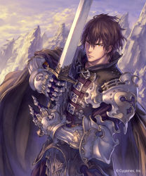 Rule 34 | 1boy, armor, brown hair, cloud, cloudy sky, day, gauntlets, hair between eyes, highres, hisakata souji, holding, holding sword, holding weapon, male focus, mountain, orange eyes, outdoors, pauldrons, shadowverse, shoulder armor, sky, solo, standing, sword, two-handed, weapon