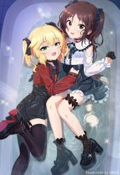 Rule 34 | 2girls, absurdres, artist name, bath, belt, black bra, black choker, black footwear, black gloves, black ribbon, black skirt, black thighhighs, blonde hair, blue ribbon, bra, brooch, brown eyes, brown hair, buttons, candy, choker, clothed bath, collared shirt, colored shoe soles, comiket 103, commentary request, cross-laced clothes, cross-laced skirt, drawn flower, fang, flower, food, footwear ribbon, french text, frilled shirt, frilled shirt collar, frilled skirt, frilled sleeves, frilled socks, frills, gloves, green eyes, half gloves, hand on another&#039;s head, high heels, highres, hmax, idolmaster, idolmaster cinderella girls, idolmaster cinderella girls starlight stage, jewelry, jirai kei, lollipop, long sleeves, lying on water, multiple girls, open mouth, red shirt, ribbon, rose, rose ribbon, sakurai momoka, see-through, shirt, shoe soles, showering, skirt, socks, sparkle, tachibana arisu, thigh belt, thigh strap, thighhighs, twintails, two side up, underwear, water, wet, wet clothes, white shirt, wrist belt