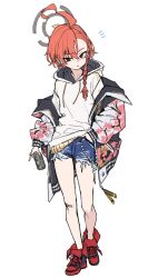 Rule 34 | 1girl, ahoge, alternate costume, asymmetrical bangs, baffu, blue archive, braid, can, casual, denim, denim shorts, earrings, full body, halo, hand in pocket, holding, holding can, hood, hoodie, jacket, jacket partially removed, jewelry, looking at viewer, mole, mole under eye, neru (blue archive), orange hair, red eyes, red footwear, ring, shoes, shorts, simple background, single braid, sketch, sneakers, solo, stud earrings, sukajan, torn clothes, torn shorts, white background, white hoodie