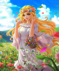 Rule 34 | 1girl, arms up, artist name, basket, blonde hair, brown eyes, closed mouth, day, dress, field, flower, flower basket, flower field, flower wreath, hair flower, hair ornament, head wreath, highres, hill, holding, holding basket, holding flower, lemon cat, lips, long hair, looking at viewer, miracle nikki, outdoors, petals, red lips, sash, signature, smelling, smelling flower, solo, standing, sunlight, white dress