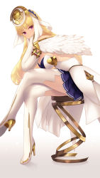 Rule 34 | 1girl, ar tonelico, ar tonelico ii, blonde hair, boots, breasts, bustier, cait aron, chroche latel pastalie, cleavage, dress, elbow gloves, feathers, from side, gloves, hand on own face, headdress, high heel boots, high heels, highres, large breasts, light smile, long hair, purple eyes, sitting, skirt, solo, stool, thigh boots, thighhighs, white background, white footwear, white gloves