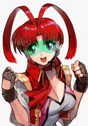 Rule 34 | 1girl, :d, antenna hair, breasts, brown gloves, cleavage, collarbone, eyelashes, fingerless gloves, gloves, green-tinted eyewear, headgear, hungry clicker, large breasts, long hair, looking at viewer, open mouth, parted bangs, red hair, scarf, simple background, smile, solo, tinted eyewear, upper body, utsugi mikoto, vest, visor, white background, yuusha ou gaogaigar, yuusha series