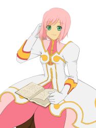 Rule 34 | 00s, 1girl, bad id, bad pixiv id, book, coat, dress, estellise sidos heurassein, gloves, green eyes, highres, konno (pixiv), pink hair, short hair, smile, solo, tales of (series), tales of vesperia, white background