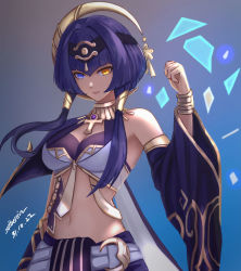 Rule 34 | 1girl, arm up, bare shoulders, blue eyes, breasts, brown eyes, candace (genshin impact), dark-skinned female, dark skin, egyptian clothes, eyebrows hidden by hair, genshin impact, hair ornament, highres, jewelry, long hair, looking at viewer, medium breasts, multicolored eyes, necklace, purple hair, silberein, smile, solo, stomach, twintails, upper body