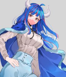 Rule 34 | 1girl, ahoge, blue hair, breasts, cape, commentary, dress, hand on own hip, hime cut, horns, joman, large breasts, long hair, mask, mouth mask, multicolored hair, one piece, pink eyes, pink hair, sidelocks, solo, twitter username, ulti (one piece)