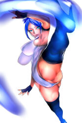Rule 34 | 1girl, absurdres, arika, armband, armpits, ass, black gloves, black thighhighs, blair dame, blue hair, boots, breasts, capcom, closed mouth, female focus, fighting layer, fingerless gloves, gloves, green eyes, highleg, highleg leotard, highres, judge (oekaki), large breasts, leotard, looking at viewer, solo, street fighter, street fighter ex (series), thick thighs, thigh boots, thighhighs, thighs, white leotard