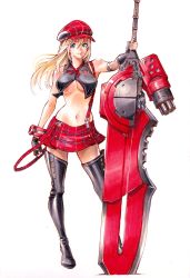 Rule 34 | 1girl, alisa ilinichina amiella, bare shoulders, black footwear, blonde hair, blue eyes, boots, bracelet, breasts, clenched hand, closed mouth, commentary, fingerless gloves, full body, gloves, god eater, hat, highres, holding, holding weapon, huge weapon, jewelry, large breasts, lips, long hair, midriff, miniskirt, navel, pantyhose, rodrigo yoshimiya, simple background, skirt, sleeveless, smile, solo, standing, stomach, suspender skirt, suspenders, sword, thigh boots, thighhighs, underboob, weapon, white background