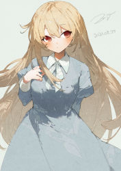 Rule 34 | 1girl, blonde hair, blue background, blue dress, blush, commentary, dated, dress, hand up, highres, juliet sleeves, long hair, long sleeves, looking at viewer, neck ribbon, original, parted lips, potg (piotegu), puffy sleeves, red eyes, ribbon, signature, simple background, solo, white ribbon