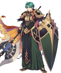 Rule 34 | 1boy, axe, battle axe, cape, ephraim (fire emblem), ephraim (twin refulgence) (fire emblem), ephraim (twin refulgence) (resplendent) (fire emblem), fire emblem, fire emblem: the sacred stones, fire emblem heroes, gold trim, green eyes, highres, holding, holding axe, holding shield, nintendo, non-web source, official alternate costume, official art, red cape, shield, solo, weapon