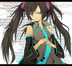 Rule 34 | 1girl, alternate hair color, aqua eyes, bad id, bad pixiv id, black hair, detached sleeves, female focus, hatsune miku, long hair, mono (recall), necktie, solo, string, tears, twintails, vocaloid, white background