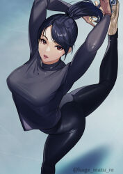 Rule 34 | 1girl, absurdres, ass, black hair, black pants, black sweater, breasts, brown eyes, covered erect nipples, figure skating, from above, high ponytail, highres, ice, ice skates, ice skating, kagematsuri, large breasts, looking at viewer, original, pants, parted lips, revision, skates, skating, solo, sweater, swept bangs, yoga pants