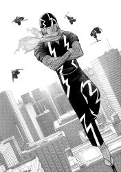 Rule 34 | 1boy, bandana, commentary, crossed arms, english commentary, greyscale, highres, inazuma (ultimate janken), long sleeves, male focus, monochrome, ninja, outdoors, pants, sandals, scarf, shirt, short sleeves, skyline, standing, standing on one leg, tabi, torn clothes, ultimate janken, y naf