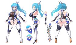 Rule 34 | 1girl, ass, bare shoulders, black gloves, blue eyes, blue hair, boots, breasts, cawang, choker, cleavage, covered navel, detached sleeves, elbow gloves, fingerless gloves, gloves, hair ornament, hairclip, high heel boots, high heels, highres, huge ass, huge breasts, large breasts, leotard, long hair, looking at viewer, mechanical spine, multiple views, navel, ortina lillibel (yashiro sousaku), ponytail, see-through, solo, thigh boots, thighhighs, thighs, watermark