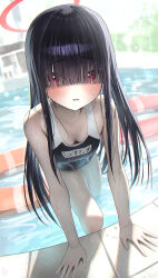 Rule 34 | 1girl, absurdres, alternate costume, black hair, black one-piece swimsuit, blue archive, blunt bangs, blurry, blurry background, blush, breasts, commentary request, eyes visible through hair, hair over eyes, halo, hidulume, highres, hime cut, innertube, justice task force member (blue archive), leaning forward, leg up, long hair, looking at viewer, one-piece swimsuit, outdoors, parted lips, poolside, red eyes, red halo, small breasts, solo, swim ring, swimsuit, trinity general school swimsuit, water, wet