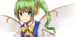 Rule 34 | 1girl, bad id, bad twitter id, bow, daiyousei, fairy, fairy wings, green eyes, green hair, hair bow, hair ornament, lani (pink  pink), long hair, long sleeves, looking at viewer, matching hair/eyes, ponytail, shirt, side ponytail, simple background, smile, solo, touhou, upper body, vest, white background, wings