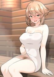 Rule 34 | 1girl, :d, blush, breasts, brown hair, cleavage, clothes lift, collarbone, commentary request, female pubic hair, furaggu (frag 0416), green eyes, highres, kantai collection, large breasts, lifting own clothes, mutsu (kancolle), naked towel, open mouth, pubic hair, sauna, short hair, sitting, smile, steam, tongue, towel, towel lift