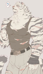 Rule 34 | 1boy, animal ears, arknights, bad id, bad twitter id, bara, black tank top, body fur, chain necklace, copyright request, furry, furry male, highres, hinokumo f, jewelry, large pectorals, male focus, mountain (arknights), muscular, muscular male, necklace, pectorals, scar, scar across eye, scar on arm, scar on face, tank top, tiger boy, tiger ears, tiger stripes, torn clothes