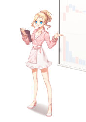 Rule 34 | 1girl, alternate hair color, anklet, bar graph, bare legs, blonde hair, blue eyes, bow, bracelet, breasts, business casual, clipboard, closers, collared shirt, dress shirt, frilled sleeves, frills, full body, graph (object), hair ribbon, hands up, high heels, highres, holding, holding clipboard, id card, jewelry, lanyard, long sleeves, lower teeth only, medium hair, miniskirt, office lady, official art, open hand, open mouth, partially unbuttoned, pendant, pink bow, pink ribbon, pink shirt, ponytail, projector screen, ribbon, seulbi lee, shadow, shirt, shirt tucked in, shirt under shirt, skirt, sleeve bow, small breasts, solo, standing, teeth, v-shaped eyebrows, white background, white footwear, white skirt, white undershirt