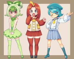 Rule 34 | 3girls, :3, ahoge, blonde hair, blue eyes, blue hair, blush, borokuro, creatures (company), dress, fang, flipped hair, fuecoco, game freak, green hair, hair ornament, hat, highres, loafers, long hair, long sleeves, mary janes, multicolored hair, multiple girls, neckerchief, necktie, nintendo, one eye closed, open mouth, parted bangs, personification, pleated skirt, pokemon, pokemon sv, ponytail, puffy long sleeves, puffy sleeves, quaxly, red eyes, red hair, sailor collar, shirt, shoes, short hair, skirt, sleeveless, sleeveless dress, smile, socks, sprigatito, striped clothes, striped shirt, suspender skirt, suspenders, thighhighs, two-tone hair, vertical-striped clothes, vertical-striped shirt, wrist cuffs
