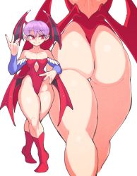 Rule 34 | 1girl, ass, ass focus, bare shoulders, bat wings, boots, closed mouth, collarbone, commentary, demon girl, english commentary, from behind, full body, hand on own hip, hand up, head wings, highres, inkerton-kun, leotard, lilith aensland, looking to the side, lower body, multiple views, purple hair, red eyes, red leotard, short hair, simple background, smile, vampire (game), white background, wings