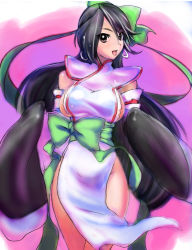 Rule 34 | 1girl, bad id, bad pixiv id, black hair, bow, breasts, china dress, chinese clothes, detached sleeves, dress, earrings, happy, highres, jewelry, large breasts, long hair, no panties, open mouth, sideboob, smile, solo, standing, tori kaku, touhai tenshi, very long hair