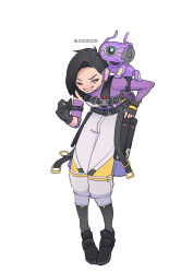 Rule 34 | 1girl, animification, apex legends, apex legends mobile, belt, black belt, black footwear, black gloves, black socks, blue eyes, chest harness, detached sleeves, fingerless gloves, gloves, harness, highres, korean commentary, lip piercing, looking to the side, namjak, non-humanoid robot, one-eyed, one eye closed, pants, piercing, purple sweater, rhapsody (apex legends), robot, rowdy (apex legends), shoes, simple background, single detached sleeve, single fingerless glove, single sleeve, sneakers, socks, solo focus, sweater, v-shaped eyebrows, white background, white pants