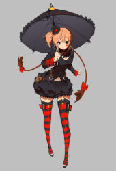 Rule 34 | 1girl, [saw], black skirt, bow, braid, breasts, colored stripes, facial tattoo, gradient background, grey background, hair bow, hat, highres, long hair, mini hat, mini top hat, navel, orange hair, original, parasol, pigeon-toed, pouch, side ponytail, simple background, sketch, skirt, solo, standing, striped clothes, striped thighhighs, tattoo, thighhighs, top hat, twin braids, umbrella, very long hair, yellow eyes, zettai ryouiki