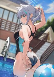 Rule 34 | 1girl, absurdres, animal ears, arm behind back, ass, ball, beachball, blue archive, blue eyes, blue sky, blurry, blurry background, breasts, cloud, day, earrings, grey hair, hair tie in mouth, halo, highres, house, jewelry, kookie, medium breasts, mouth hold, outdoors, pool, shiroko (blue archive), shiroko (swimsuit) (blue archive), short ponytail, sky, solo, stairs, stud earrings, tent, wading, water, wet, wolf ears