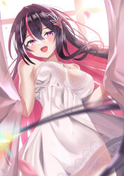 Rule 34 | 1girl, azki (hololive), bare shoulders, black hair, blush, breasts, cleavage, collarbone, colored inner hair, covered navel, curtain grab, curtains, dress, hair between eyes, hair ornament, highres, hololive, long hair, looking at viewer, medium breasts, mizuno kurage, multicolored hair, open mouth, pink dress, pink hair, purple eyes, see-through, see-through dress, sleeveless, sleeveless dress, smile, solo, streaked hair, virtual youtuber, white hair