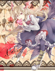 Rule 34 | 10s, 1girl, blonde hair, bow, fang, frills, full body, gift, granblue fantasy, hair between eyes, heart, holding, holding gift, leaning forward, long hair, long sleeves, looking at viewer, open mouth, pointy ears, red eyes, shingeki no bahamut, shoes, shunatsu (shisui), solo, tail, valentine, vampy