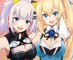 Rule 34 | 2girls, :d, bare shoulders, black dress, blonde hair, blue eyes, blue shirt, breasts, cleavage, cleavage cutout, clothing cutout, crossover, dress, elbow gloves, fangs, fingernails, gloves, hair between eyes, hair ornament, hairclip, hand on another&#039;s shoulder, kaguya luna, keikesu, large breasts, long hair, looking at viewer, medium breasts, mirai akari, mirai akari project, multiple girls, open mouth, shirt, side ponytail, sidelocks, silver hair, sleeveless, sleeveless dress, sleeveless shirt, smile, teeth, the moon studio, twintails, upper teeth only, v-shaped eyebrows, very long hair, virtual youtuber, white gloves