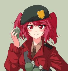 Rule 34 | 1girl, bad id, bad pixiv id, beret, breasts, cosplay, explosive, female focus, grenade, hair bobbles, hair ornament, hat, medium breasts, onozuka komachi, parody, red eyes, red hair, red soldier (tf2), shino (r shughart), short hair, simple background, smile, soldier (tf2), solo, team fortress 2, the soldier (cosplay), touhou, twintails, two side up
