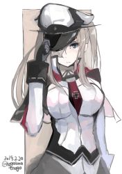 Rule 34 | 1girl, 2019, absurdres, black gloves, black ribbon, black skirt, blonde hair, breasts, capelet, cowboy shot, cross, dated, gloves, graf zeppelin (kancolle), grey eyes, hair over one eye, hat, hat over one eye, hat tip, highres, iron cross, jacket, kantai collection, large breasts, looking at viewer, military hat, miniskirt, nagasawa tougo, neck ribbon, necktie, peaked cap, red neckwear, ribbon, sidelocks, simple background, skirt, solo, twintails, twitter username