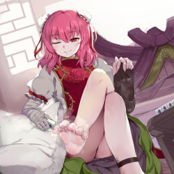 Rule 34 | 1girl, bandaged arm, bandages, barefoot, black footwear, bun cover, closed mouth, commentary request, double bun, dutch angle, feet, flower, foot out of frame, frilled shirt, frills, hair between eyes, hair bun, highres, holding, holding shoes, ibaraki kasen, jinsai sa sa, looking at viewer, medium hair, one eye closed, pink hair, puffy sleeves, red eyes, red flower, red rose, red tabard, rose, shirt, shoes, short sleeves, smile, soles, solo, steaming body, tabard, toes, touhou, white shirt