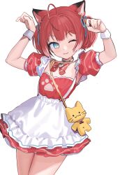 Rule 34 | 1girl, ;d, ahoge, akami karubi, animal bag, animal ears, apron, armpits, arms up, bag, blue eyes, blue ribbon, bow, breasts, closed mouth, commentary request, detached sleeves, dress, frilled apron, frills, hair ribbon, highres, indie virtual youtuber, kanzarin, looking at viewer, one eye closed, open mouth, puffy short sleeves, puffy sleeves, red bow, red dress, red hair, red sleeves, ribbon, short sleeves, shoulder bag, simple background, small breasts, smile, solo, twintails, virtual youtuber, white apron, white background, wrist cuffs